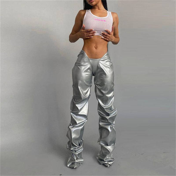 Faux Leather Sexy Low-rise Street Snap Straight Leg Casual Leggings